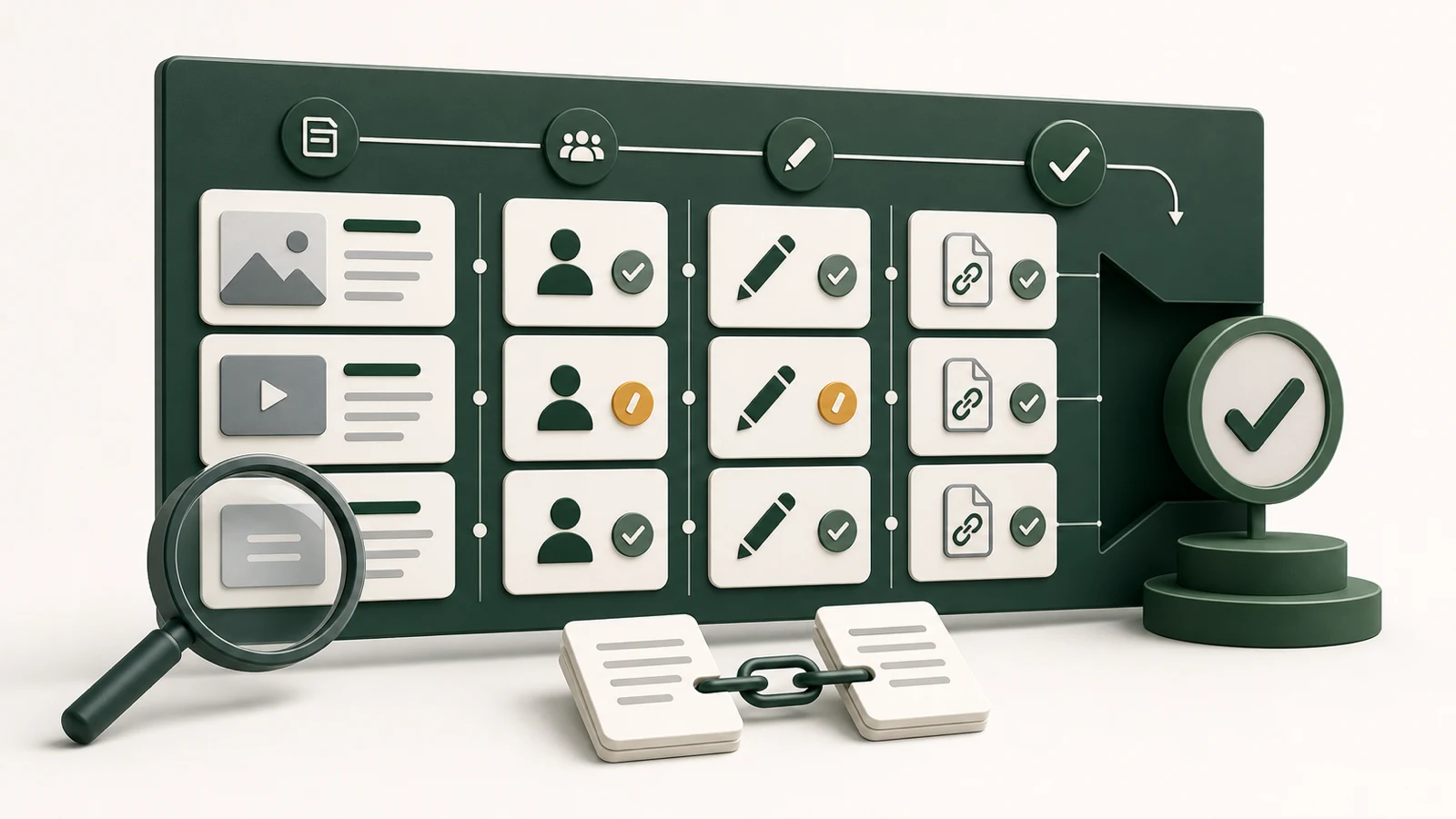 Publisher due-diligence board with content, ownership, editorial, link, risk, and decision checks