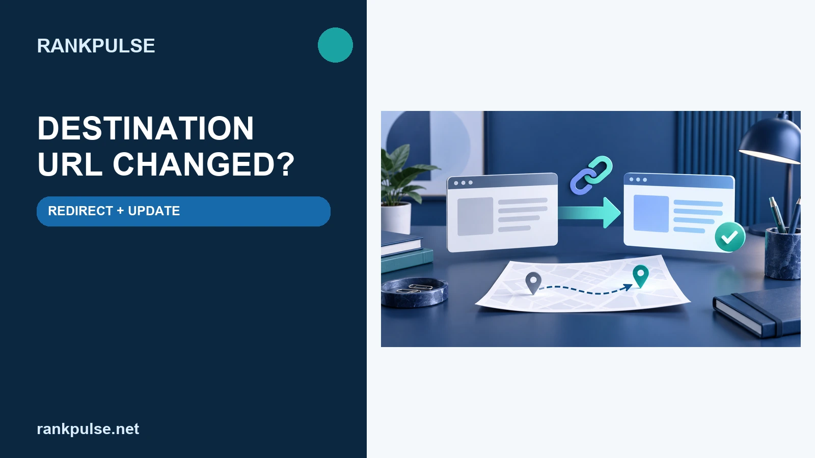 RankPulse workflow showing an old linked page routed to a verified new destination