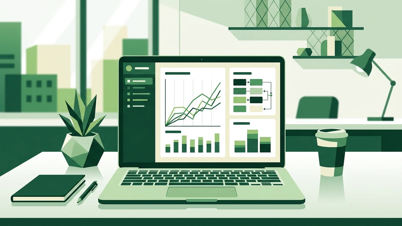 Illustration of a laptop showing analytics charts representing a GA4 referral traffic audit