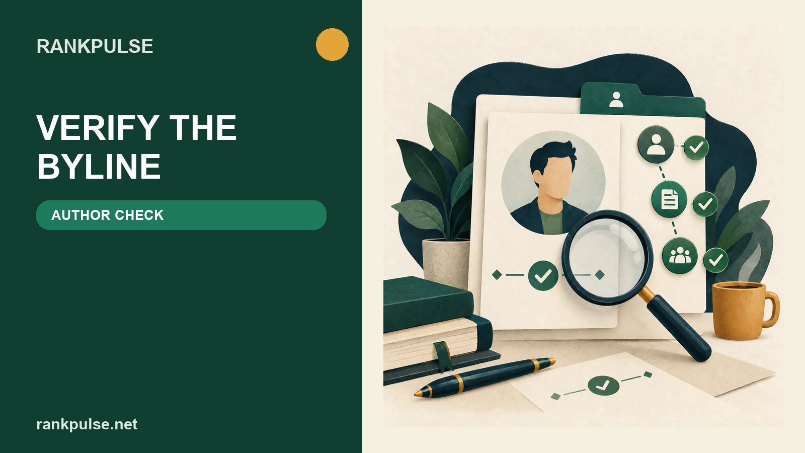RankPulse author byline audit with a profile card, magnifying glass and verification marks