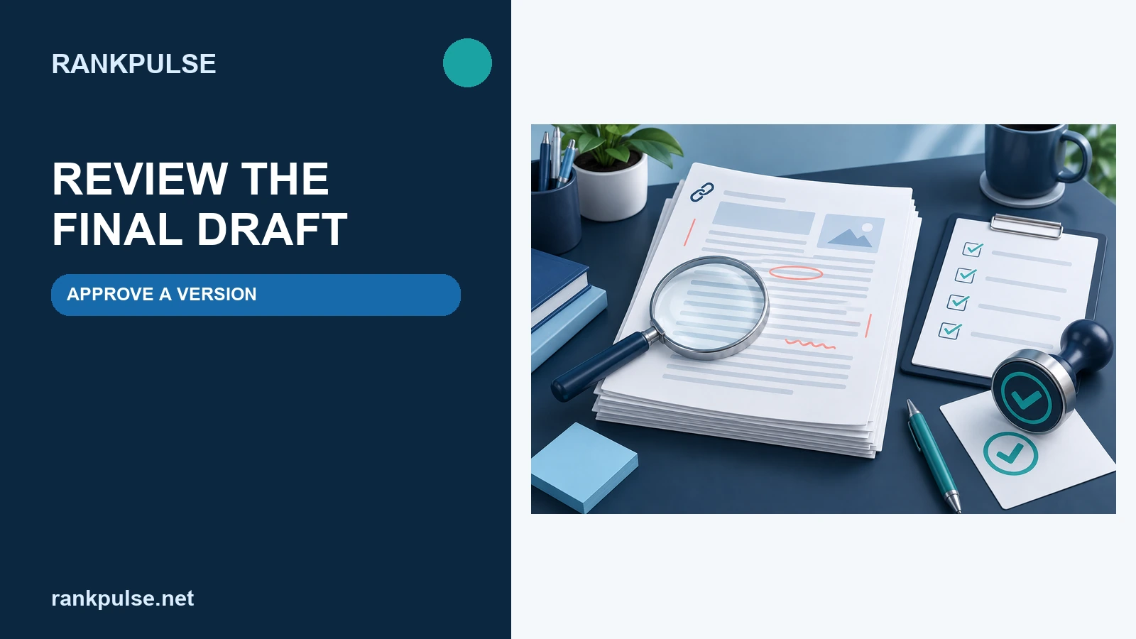 RankPulse editorial desk reviewing a guest-post draft and approval checklist