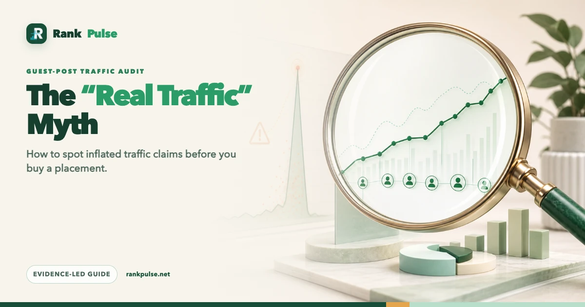 Magnifying glass comparing inflated traffic with a verified organic trend