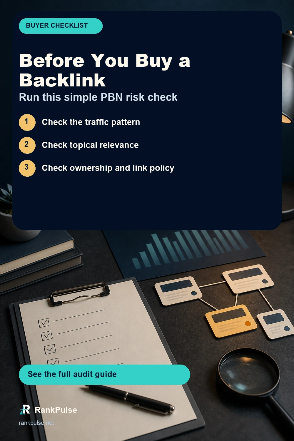 Buyer checklist for checking traffic, topical relevance, ownership and link policy before purchasing a backlink