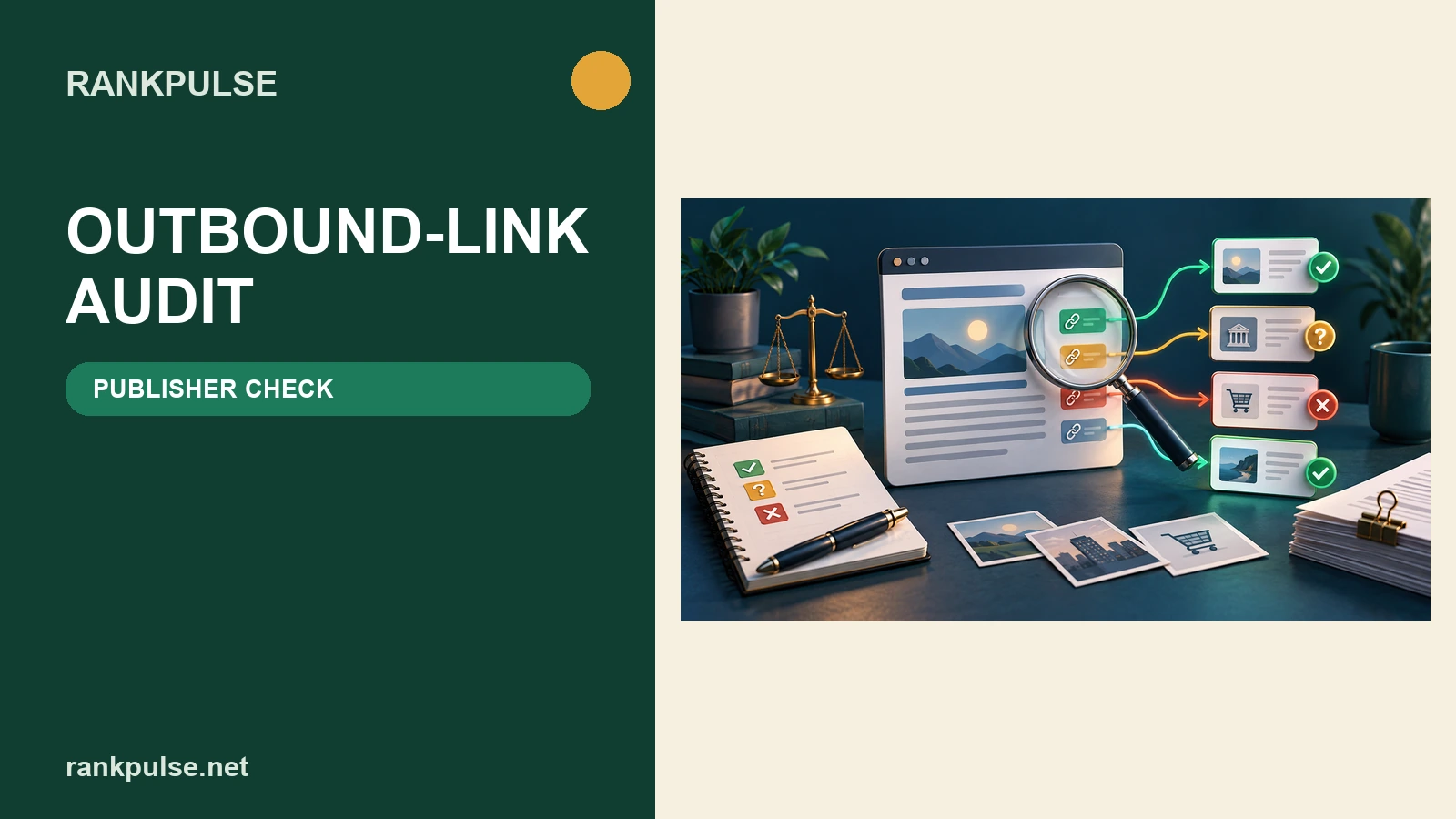 RankPulse publisher outbound-link audit showing link paths under a magnifying glass