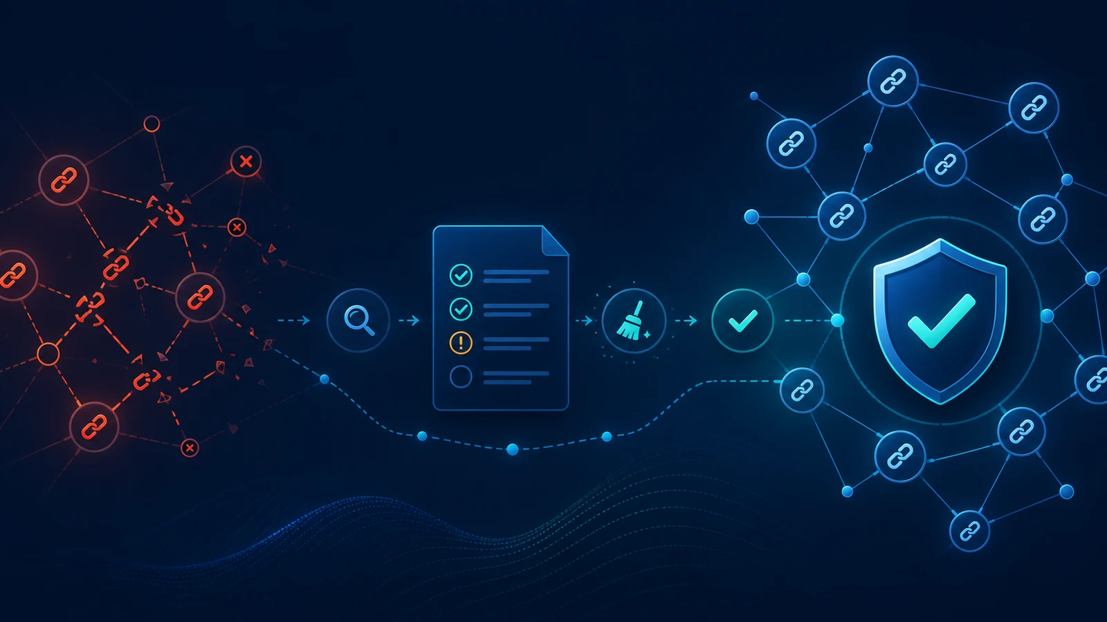 A backlink network moving from risky broken links through a documented review checklist to a clean verified network